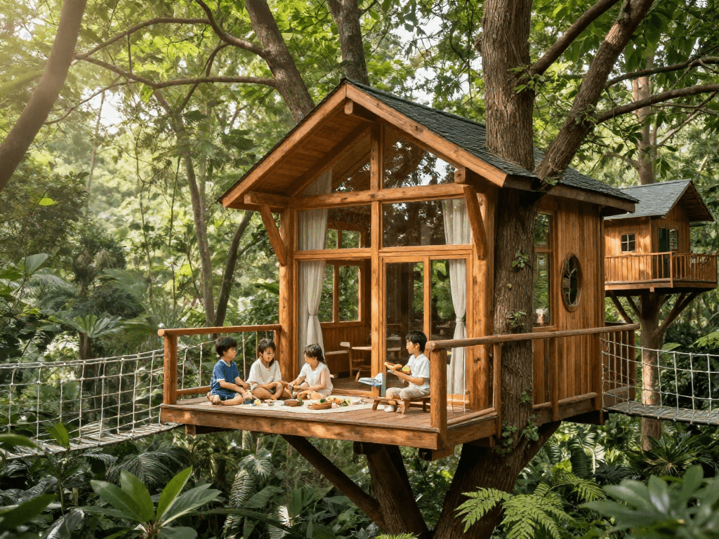 Family enjoying tree house life in a custom-designed treehouse, vibrant forest setting with soft sunlight.