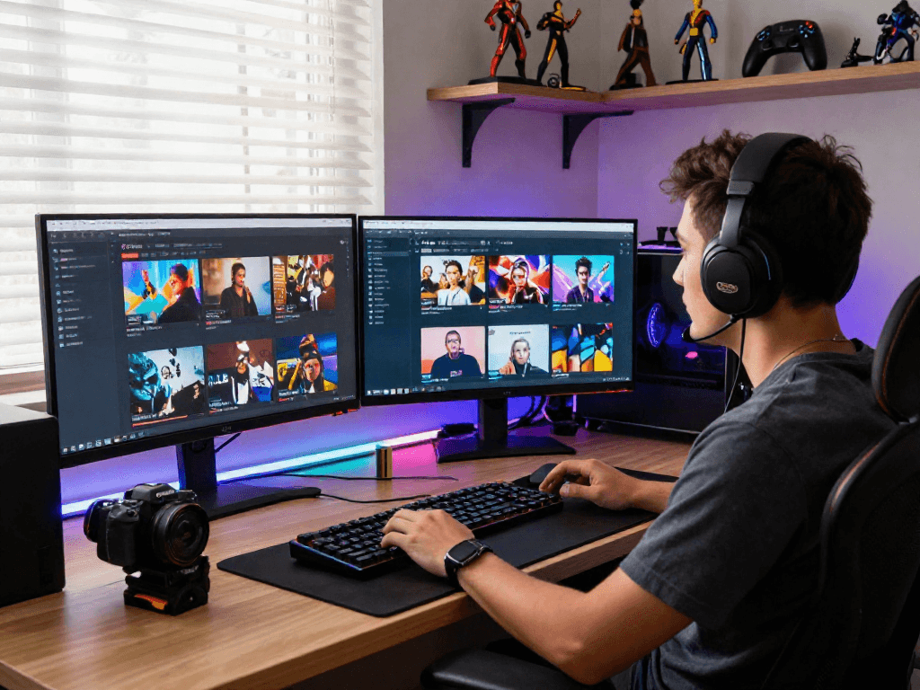 Pikashow streaming workspace with multiple screens showcasing vibrant content and gaming memorabilia.
