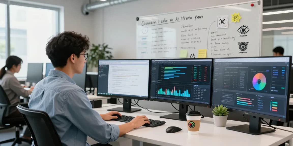 Data scientist using an AI Detector in a modern tech office with advanced analytics displayed.
