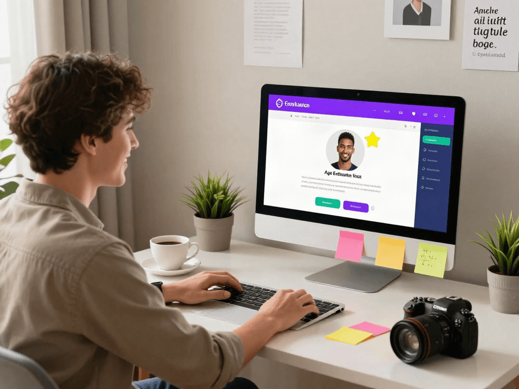 Person exploring how old do I look using an age estimation app on a laptop with a warm atmosphere and engaging workspace.