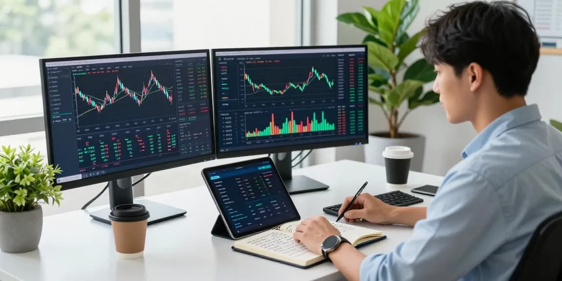 AiCoin用户在现代办公室分析实时K线数据,专注于市场机会。