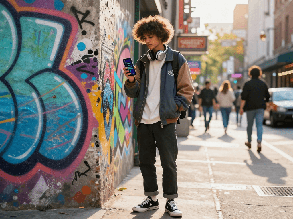 Person checking test of attractiveness score on smartphone in vibrant urban backdrop.