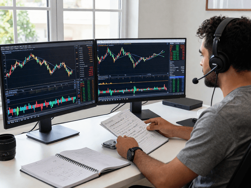 TradingView 多屏幕分析的交易工作空间,展示实时市场趋势和指标,充满专业氛围。