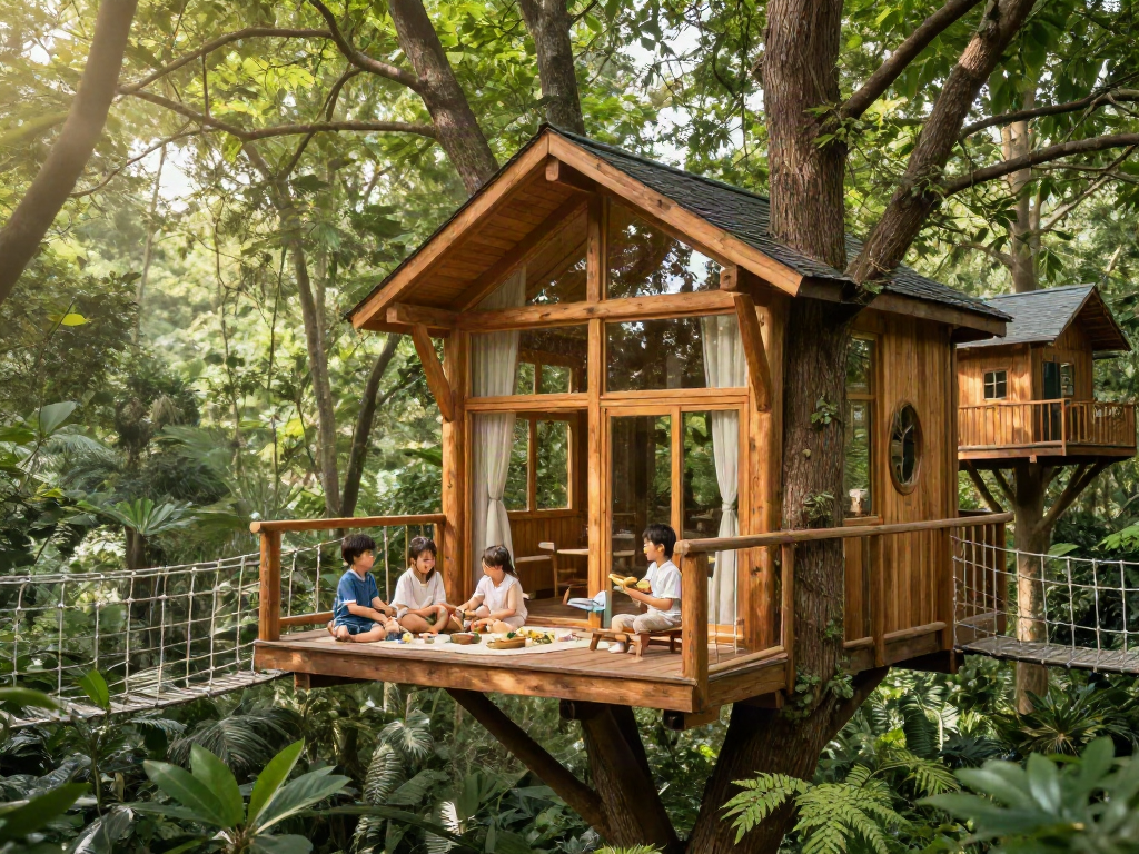 Family enjoying tree house life in a custom-designed treehouse, vibrant forest setting with soft sunlight.