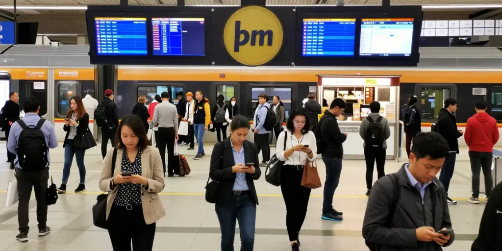 Commuters at a busy train station checking updates on train strikes.