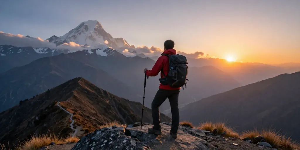 Manaslu Trek traveler at mountain viewpoint during sunset, showcasing breathtaking views of peaks and adventure.