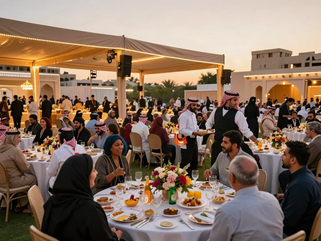 Event rental ksa featuring a luxurious outdoor banquet with elegant decor, diverse guests, and festive atmosphere.