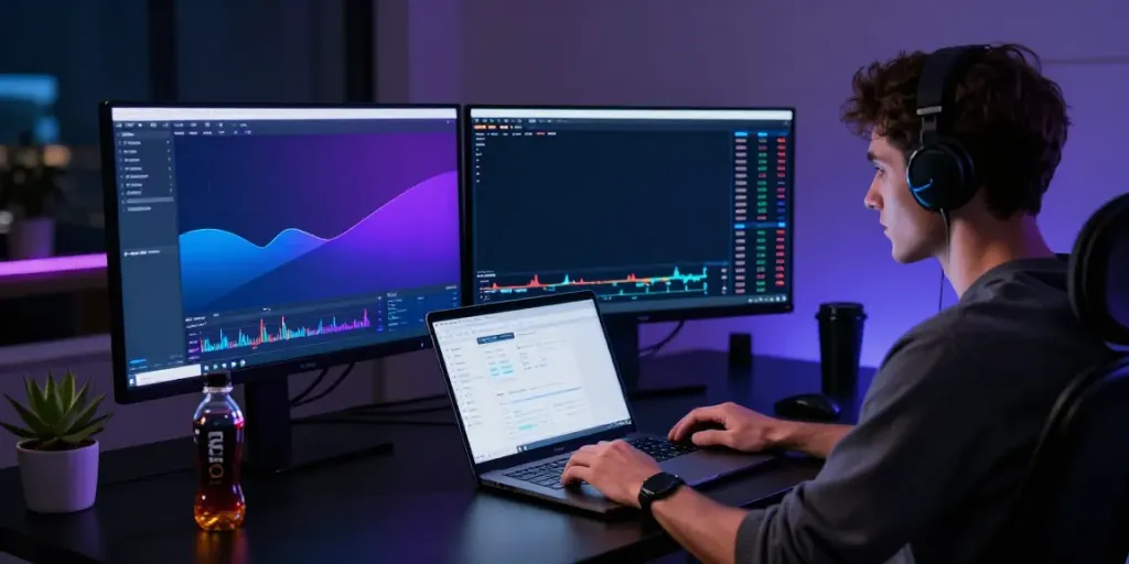 Active cryptocurrency trading session with real-time stock data API on dual monitors in a modern workspace setting.