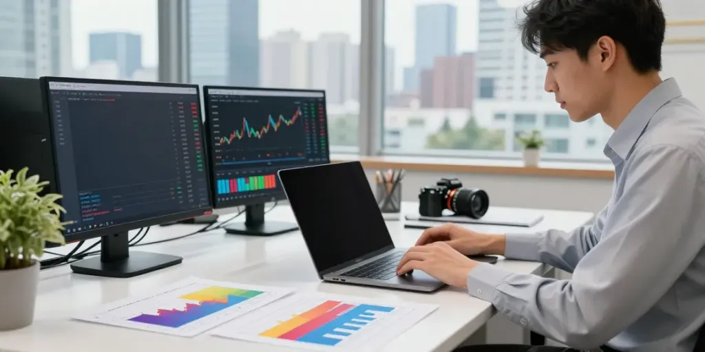 Young professional using FintechZoom.com for financial analysis in a modern office environment.