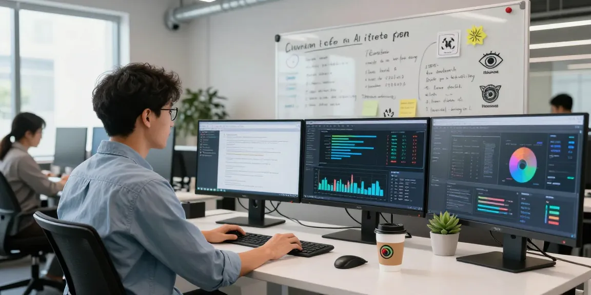 Data scientist using an AI Detector in a modern tech office with advanced analytics displayed.
