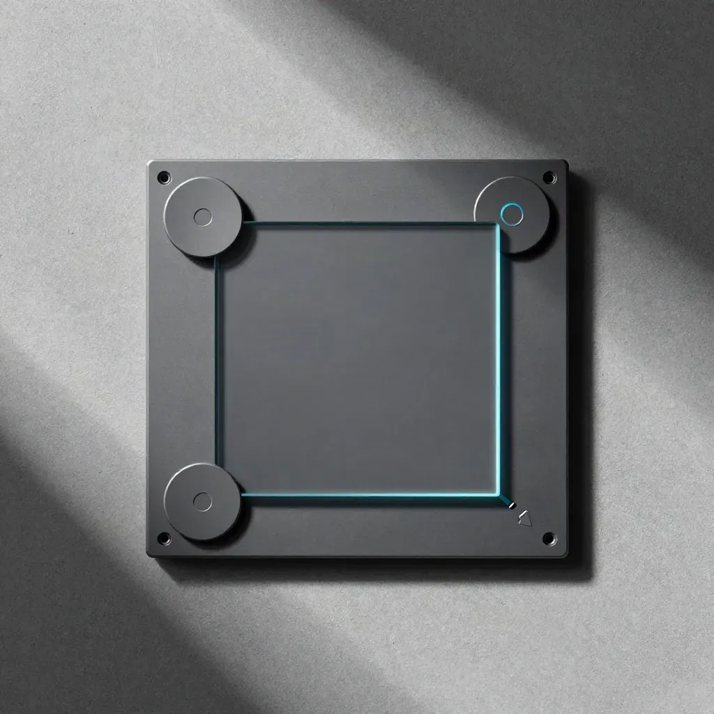 Overhead flatlay of a graphite deep-link module with route chips, screen tile, and arrow disc.