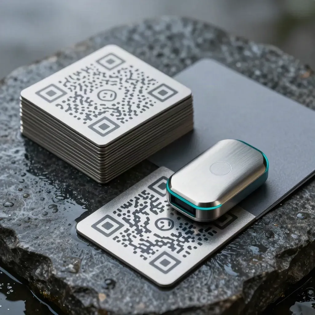 QR tiles, metal scanner puck, and folded card sleeve on wet stone with teal rim light