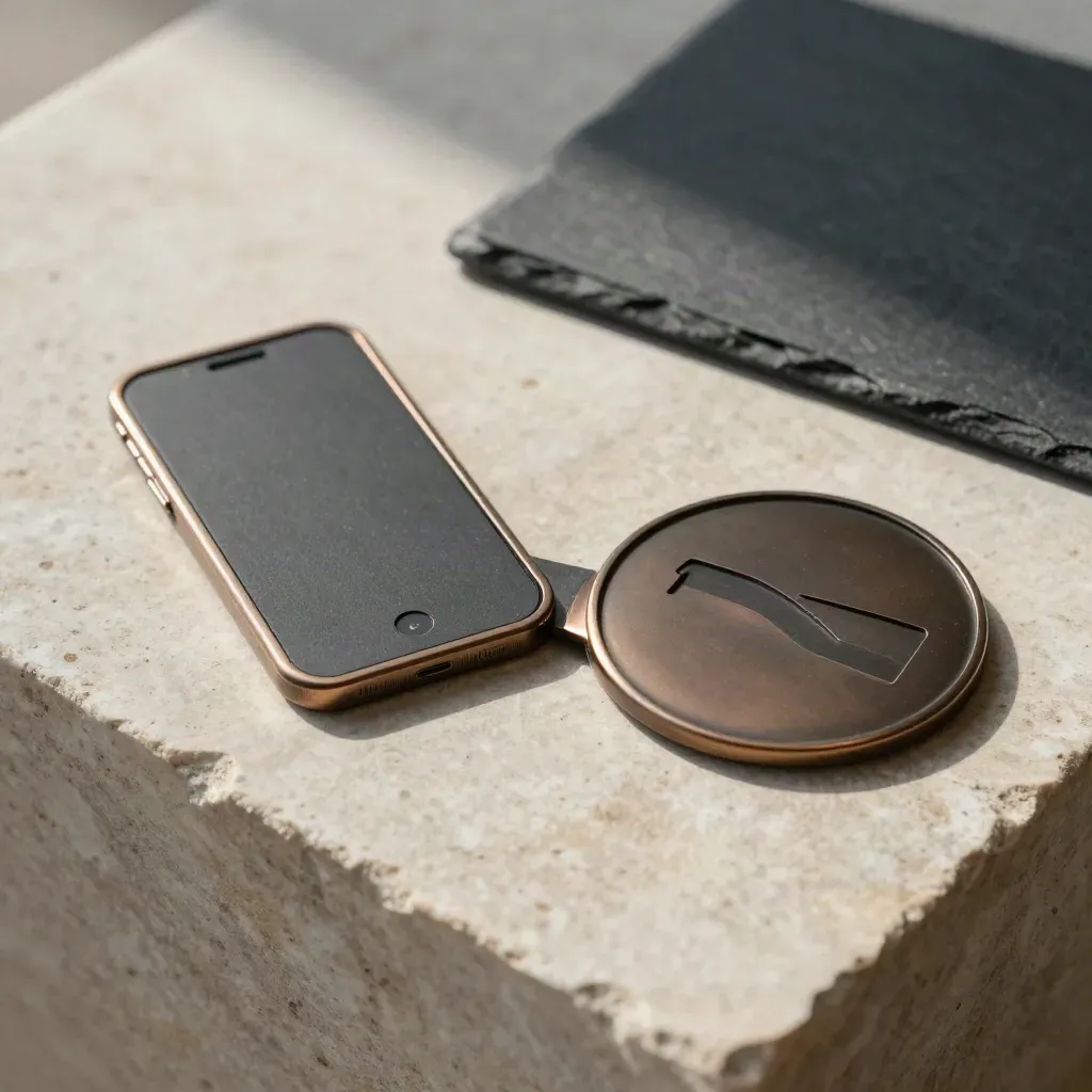 Slate route markers on pale limestone split toward a phone and store disc in soft light.
