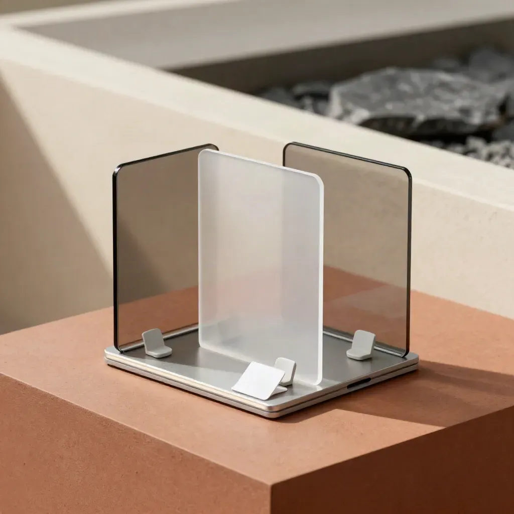Translucent analytics modules and seat markers on terracotta with moody studio light.