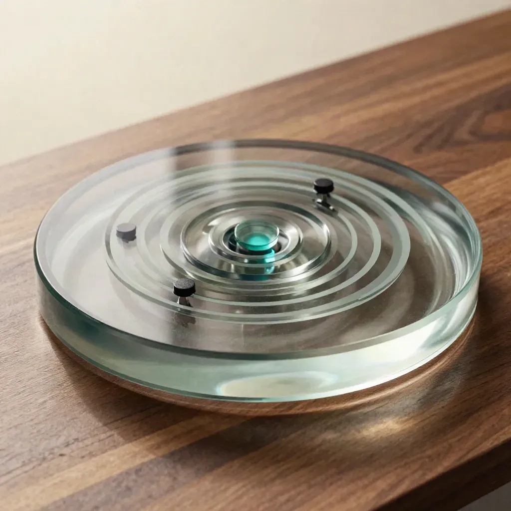 Glass counter macro with tracking rings, teal signal node, and three marker pucks on walnut.