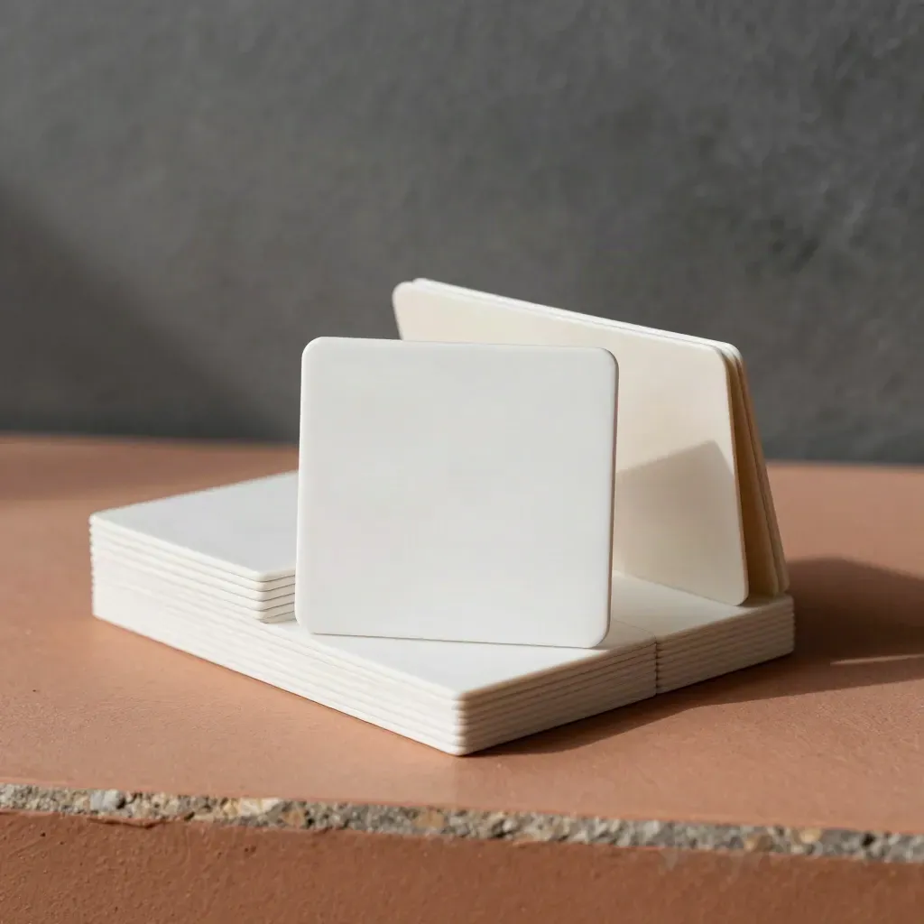 Stack of QR tiles in white sleeves with one upright placard on a terracotta surface.