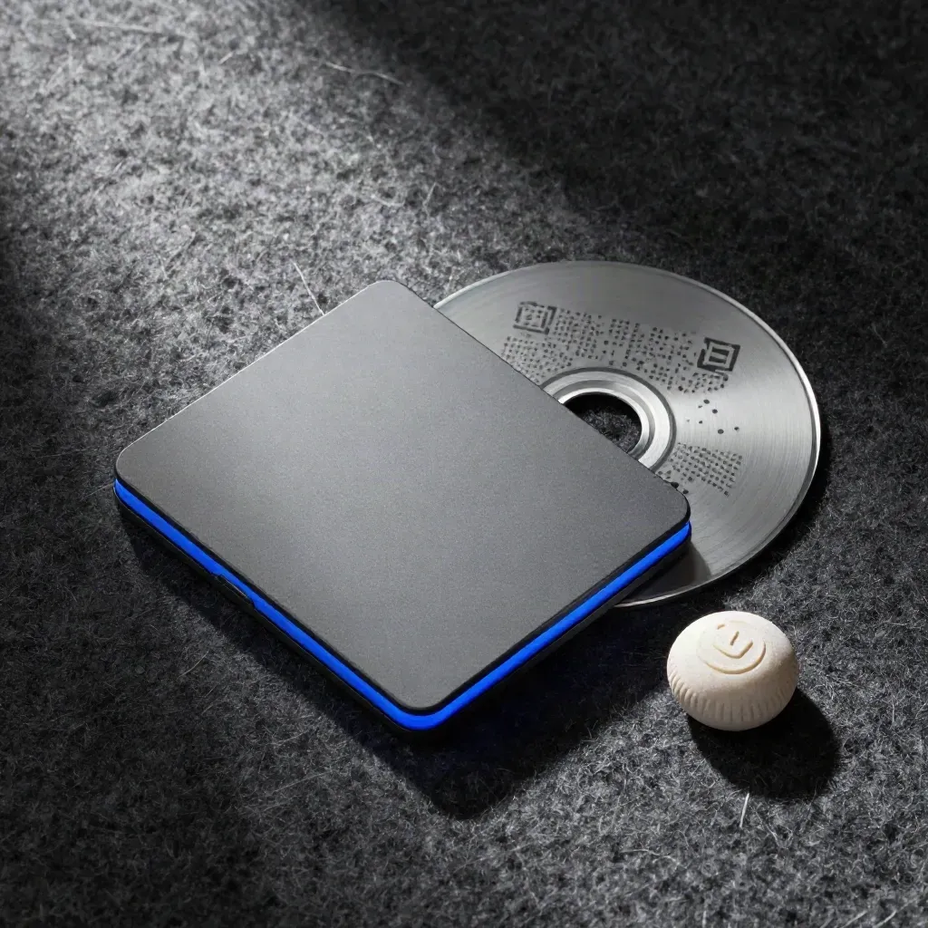 Overhead macro of a link tile, QR disc, and analytics pebble on dark felt.