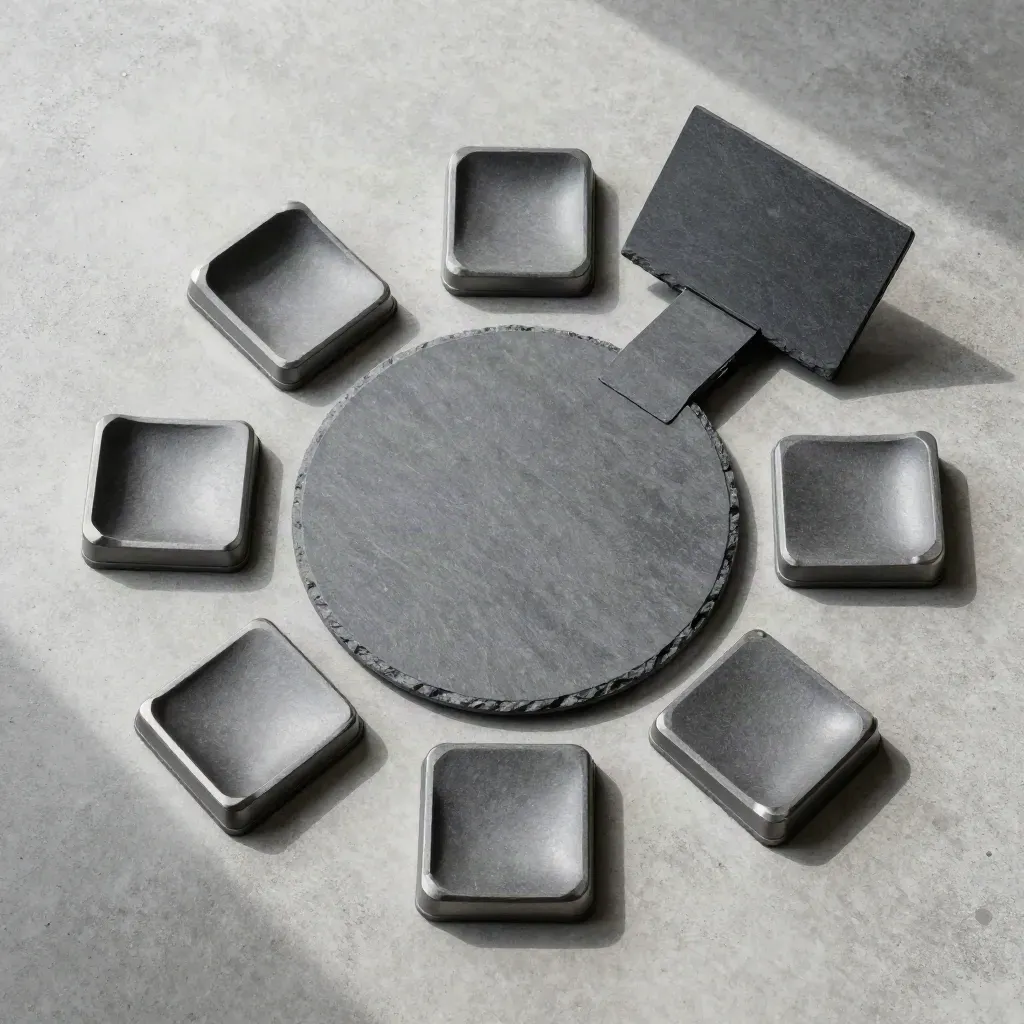 Five slate seat markers ring a central report slab and extension module on cool concrete.