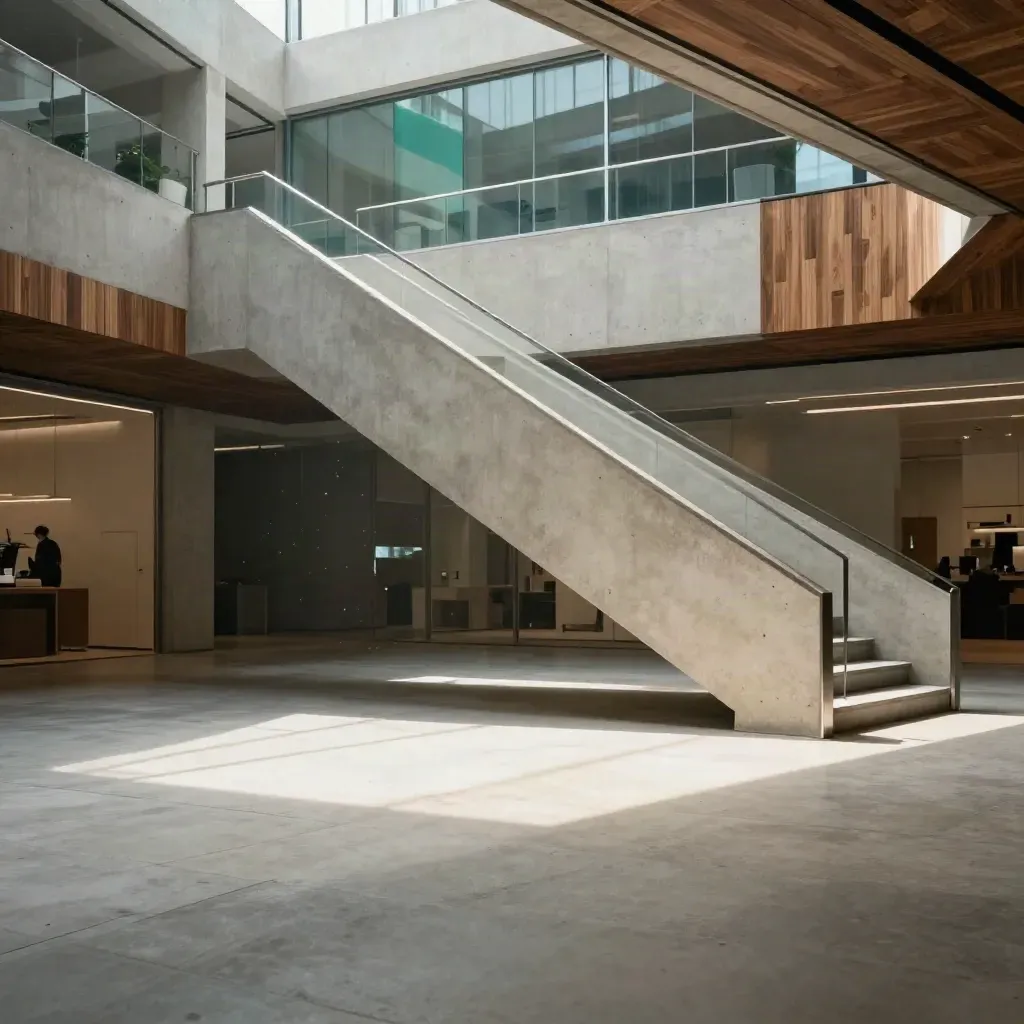 Sunlit concrete atrium with stair landing, reflective panel, and calm open floor for copy.