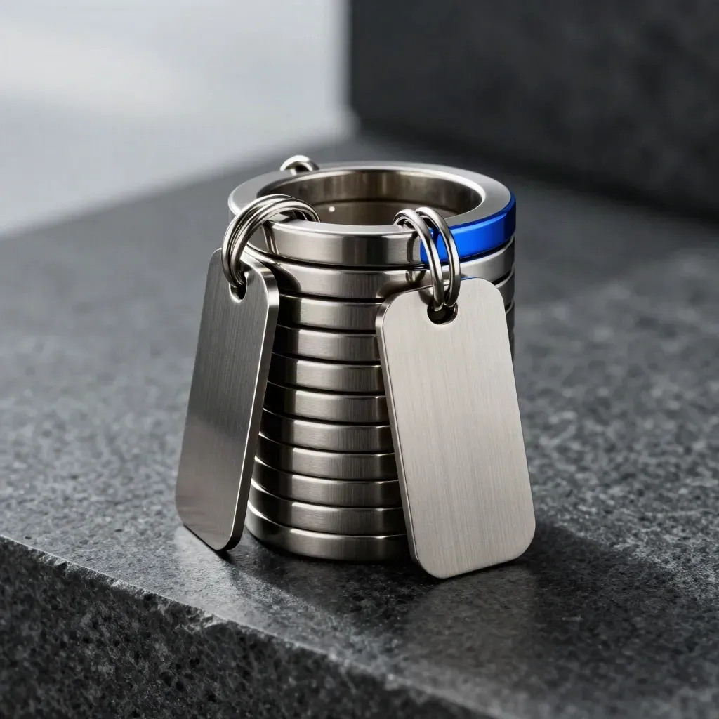 Metal link bundle, short-link bar, and brushed plate on dark stone with electric-blue accent.