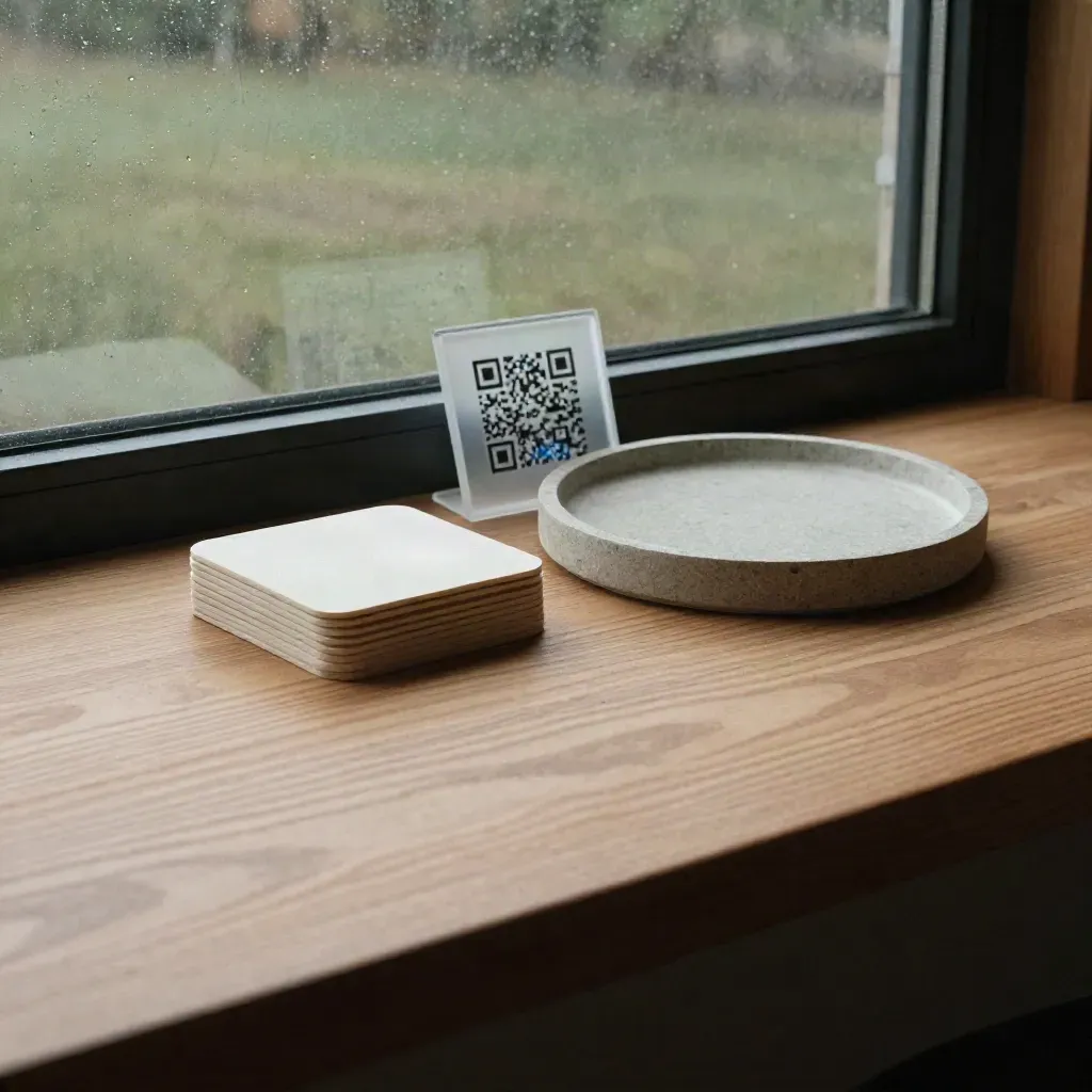 Cedar tabletop with coasters, stone tray and QR plaque beside a misty rain-dark window.